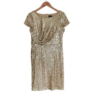 ADRIANNA PAPELL Gold Sequin Faux Wrap Formal Dress